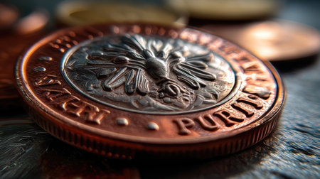 This image captures a striking close-up view of a copper coin, showcasing its intricate design and textured surface against a soft background.の素材
