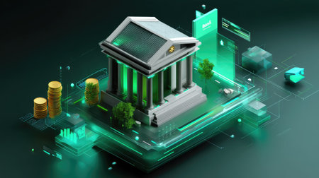 A stylized representation of a modern bank building surrounded by digital elements, emphasizing finance, technology, and innovation in a vibrant design.の素材