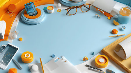 This vibrant workspace features colorful stationery items and modern technology set against a light blue background, ideal for creative inspiration.の素材