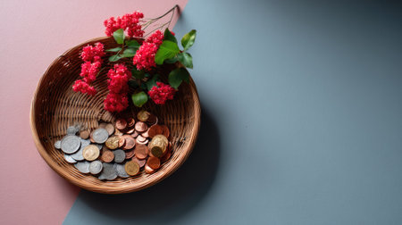 A woven basket filled with a variety of coins sits alongside vibrant red flowers, showcasing a beautiful blend of colors on a stylish surface.の素材