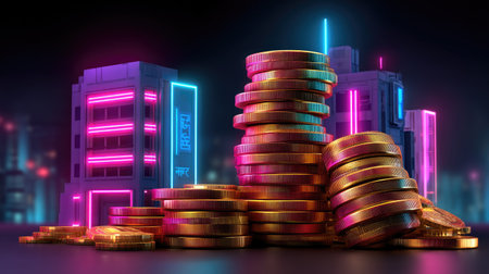 A vibrant scene featuring stacks of colorful coins glittering in neon light, symbolizing wealth and technology in a modern urban environment.の素材
