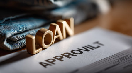 A detailed view of a loan approval document featuring wooden letters spelling "LOAN". The scene is set on a desk with various financial items, representing financial success and planning.の素材