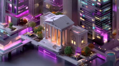 A captivating futuristic cityscape featuring vibrant neon lights and stylish architectural structures. The scene blends modern design with artistic elements to create an immersive experience.の素材