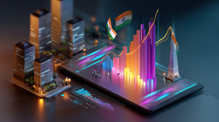 A vibrant data visualization on a tablet displays growth trends with graphs, surrounded by modern buildings and flags, highlighting digital finance and innovation.の素材