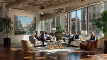 This image features a professional team gathered in a modern office space that showcases stylish decor, large windows, and a vibrant atmosphere, promoting collaboration.の素材