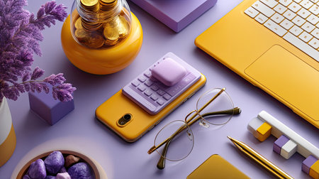 A beautifully arranged flatlay featuring a vibrant desk setup with a smartphone, calculator, glasses, and decorative items in yellow and purple tones. Perfect for showcasing creativity and productivity.の素材
