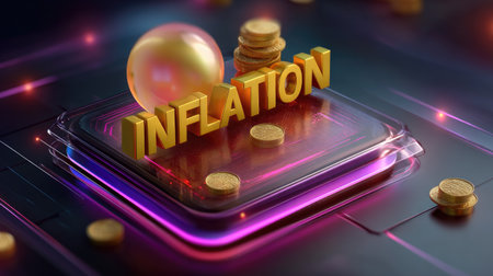 This striking digital illustration features the word "INFLATION" in bold, glowing letters, surrounded by golden coins, representing economic growth and financial themes.の素材