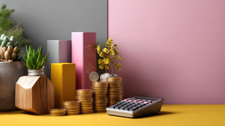 A vibrant display of coins, a calculator, and decorative plants set against a colorful background, perfect for conveying finance, investment, and growth concepts.の素材