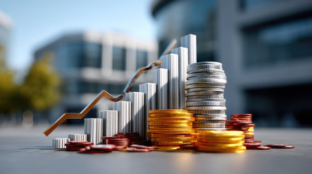 A visually appealing depiction of a growth chart with stacked coins and an upward arrow, set against an urban backdrop, symbolizing investment and financial success.の素材