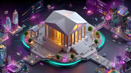 This visually striking digital cityscape showcases an abstract building surrounded by colorful lights and diverse individuals interacting in a high-tech environment.の素材