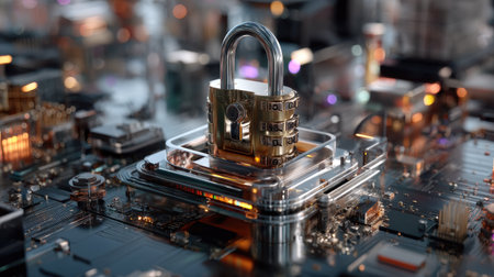 Stunning visual of a digital lock positioned on a circuit board, symbolizing the importance of cybersecurity and data protection in advanced technology.の素材