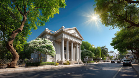A beautiful urban scene showcases classic architecture surrounded by lush trees on a sunny day, offering a perfect blend of nature and city life.の素材