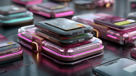 A visually striking array of modern smartphones in clear cases showcasing vibrant neon accents, perfect for representing cutting-edge technology and innovation in design.の素材