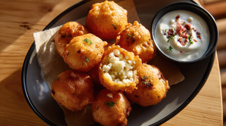 Indulge in these delightful golden fritters, crispy on the outside and soft on the inside, served with a creamy dipping sauce, perfect for any occasion.の素材