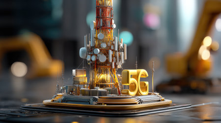 A vibrant and detailed image showcasing a futuristic 5G communication tower surrounded by advanced technology elements, symbolizing high-speed connectivity and innovation.の素材