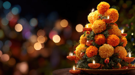 A stunning arrangement of marigold flowers and diyas illuminates a festive scene, creating a warm and vibrant atmosphere perfect for celebrations.の素材