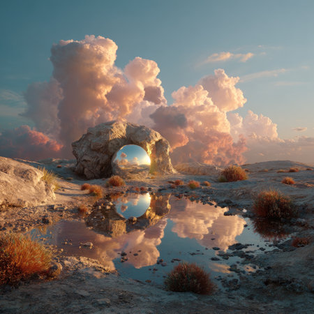 Explore a mesmerizing surreal landscape showcasing a rock formation, reflective sphere, and beautiful clouds. This tranquil scene captures nature's artistry at sunset.の素材