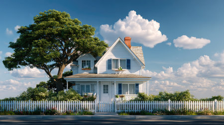 A beautifully designed white house featuring blue shutters, surrounded by lush greenery and a picket fence under a clear blue sky with fluffy clouds.の素材