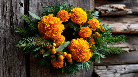 This stunning marigold wreath showcases vibrant orange flowers and lush greenery, set against a rustic wooden backdrop, ideal for seasonal decor.の素材