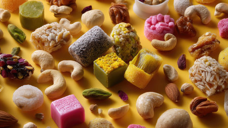 A vibrant assortment of traditional confectionery and nuts beautifully arranged on a cheerful yellow background, showcasing a colorful and enticing display perfect for food lovers and culinary inspiration.の素材