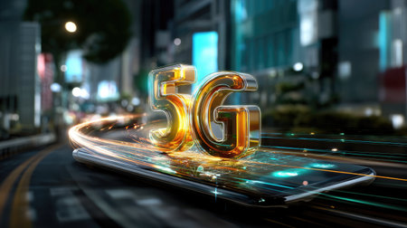 This image showcases a stunning depiction of 5G technology, featuring glowing numbers over a smartphone in a vibrant urban setting at night.の素材