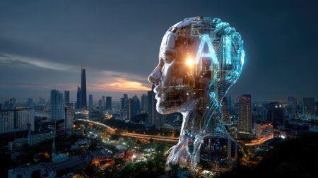 A stunning futuristic cityscape at dusk showcases a human profile silhouette filled with intricate AI components, symbolizing technological advancement and innovation.の素材