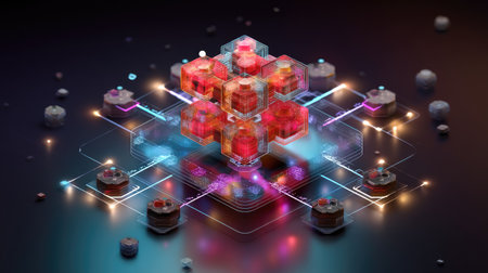 This image showcases a stunning 3D abstract composition, featuring geometric shapes and vibrant colors that evoke a sense of technological innovation and creativity.の素材
