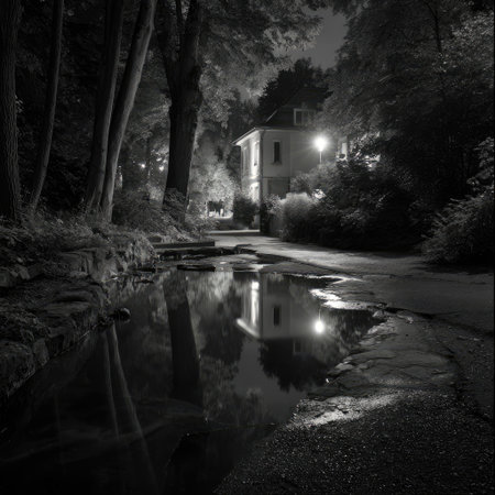 This black and white photograph captures a serene night landscape featuring reflections of trees and a house in still waters, evoking tranquility.の素材