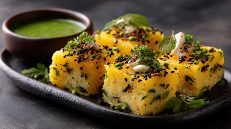 This image showcases freshly made Indian dhokla, a savory steamed snack, beautifully garnished with herbs, served with vibrant green chutney on a dark background.の素材