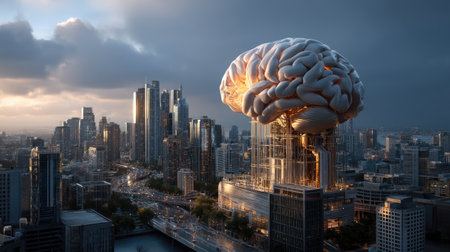 This striking image depicts a surreal scene where a giant brain structure hovers above a bustling cityscape, blending imagination with urban design.の素材