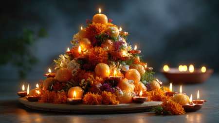 This enchanting display captures the essence of Diwali, showcasing a stunning arrangement of orange flowers and illuminated diyas, radiating warmth and joy.の素材