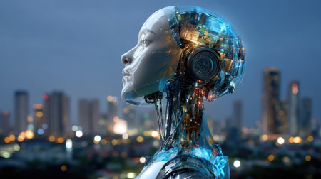 A captivating robot head with intricate circuitry and neon lights stands prominently against a nighttime city skyline, embodying advanced technology and creativity.の素材