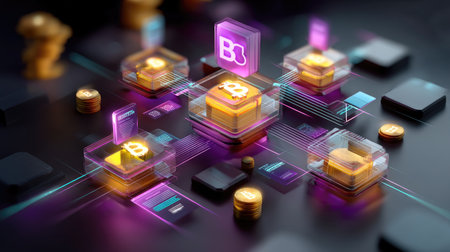 This striking digital artwork showcases a vibrant cryptocurrency network with glowing elements and abstract design, highlighting the future of finance and technology.の素材