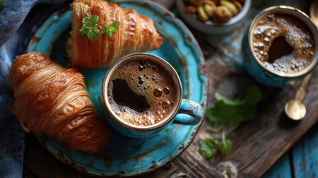 A cozy morning scene featuring a rich cup of coffee beside flaky croissants, presented on a rustic wooden table. The inviting setup encourages relaxation and enjoyment.の素材
