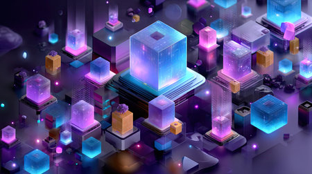 Explore a stunning futuristic digital landscape filled with vibrant cubes and captivating light effects. This high-tech environment showcases creativity and innovation.の素材