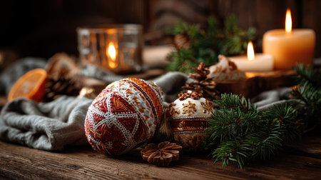 A serene composition featuring intricately decorated Easter eggs alongside pine cones and soft candlelight, creating a warm and festive atmosphere.の素材
