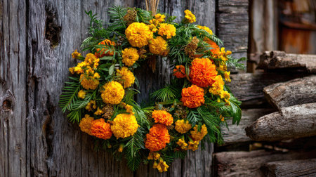 A vibrant floral wreath featuring bright marigolds in shades of orange and yellow, surrounded by lush greenery, hanging on a rustic wooden backdrop.の素材