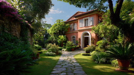 A serene Mediterranean house nestled among vibrant flowers and lush greenery. The inviting pathway leads to a charming entryway, framed by nature.の素材