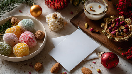 A beautifully arranged flat lay of colorful sweet treats, decorative elements, and blank cards, perfect for holiday celebrations and personal messages.の素材