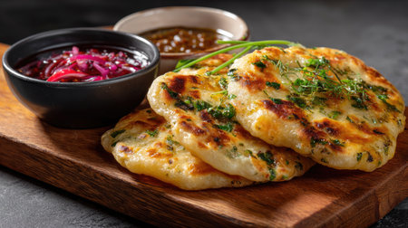 A beautiful arrangement of grilled flatbreads on a wooden board, accompanied by rich condiments and vibrant vegetables, ideal for sharing moments.の素材