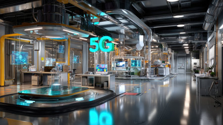 This image depicts a high-tech telecommunications lab focused on innovative 5G infrastructure, showcasing advanced equipment and modern design elements.の素材