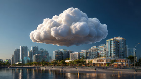 This stunning image captures a surreal scene of a giant cloud floating above a modern urban skyline, reflecting beautifully in calm waters at sunset.の素材