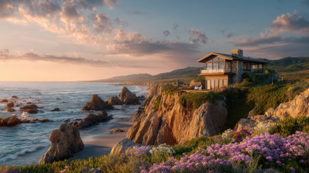 A breathtaking view of a modern seaside retreat perched on a rocky cliff, surrounded by vibrant flowers and illuminated by a warm sunset.の素材