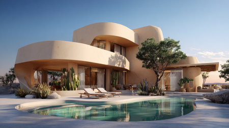 A stunning modern villa in a desert landscape, featuring elegant curves, a shimmering pool, and lush greenery, perfect for relaxation and luxury living.の素材
