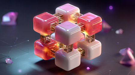 This image features abstract geometric shapes with glowing elements and translucent surfaces, creating a vibrant and modern composition suitable for various digital applications.の素材