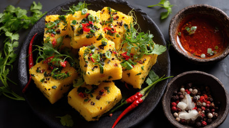 A vibrant display of polenta squares garnished with fresh herbs and spices, paired with colorful chili peppers and flavorful dipping sauce, ideal for culinary enthusiasts.の素材