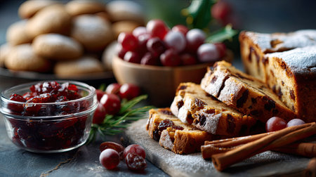 A beautifully arranged scene showcasing assorted baked goods, fresh grapes, and cranberry jam on a rustic table. Ideal for holiday-themed culinary visuals.の素材