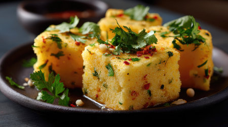 Delight in these savory steamed cornmeal squares, beautifully garnished with fresh herbs and spices, perfect for a flavorful appetizer or snack.の素材