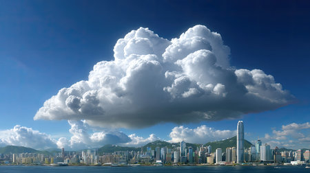 A stunning view of a vibrant urban skyline beneath a dramatic cloud formation, showcasing modern architecture and beautiful weather conditions.の素材