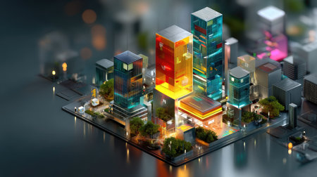 A stunning modern cityscape showcasing vibrant skyscrapers illuminated at night. This artistic image captures reflections in water, blending architecture and nature beautifully.の素材